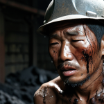 A Korean forced laborer, gaunt and weary, toils in a dimly lit, perilous coal mine or steel factory during the Japanese occupation. His tattered clothes are stained with grime and sweat, reflecting the extreme physical and psychological toll. His face, etched with despair and fear, portrays the systematic stripping of his identity and human dignity. The atmosphere is oppressive and devoid of any hope, symbolizing the "black holes swallowing workers' souls."