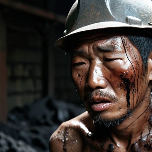 Home 8 A Korean forced laborer, gaunt and weary, toils in a dimly lit, perilous coal mine or steel factory during the Japanese occupation. His tattered clothes are stained with grime and sweat, reflecting the extreme physical and psychological toll. His face, etched with despair and fear, portrays the systematic stripping of his identity and human dignity. The atmosphere is oppressive and devoid of any hope, symbolizing the "black holes swallowing workers' souls."