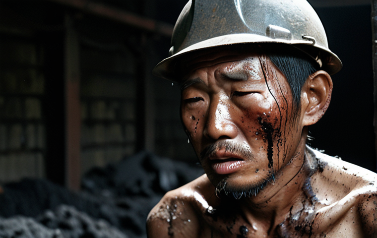 A Korean forced laborer, gaunt and weary, toils in a dimly lit, perilous coal mine or steel factory during the Japanese occupation. His tattered clothes are stained with grime and sweat, reflecting the extreme physical and psychological toll. His face, etched with despair and fear, portrays the systematic stripping of his identity and human dignity. The atmosphere is oppressive and devoid of any hope, symbolizing the "black holes swallowing workers' souls."