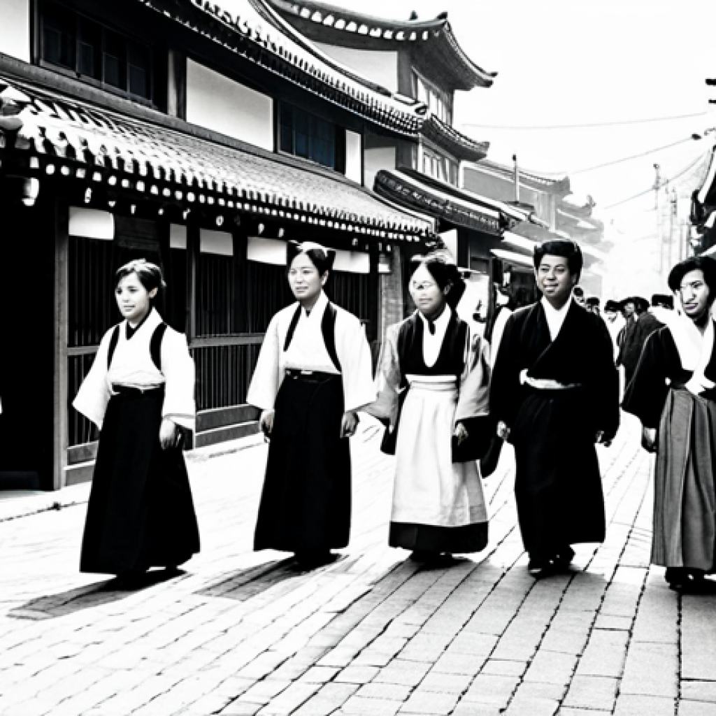 Colonial Era Contrast**
"A black and white photograph, mimicking the style of the early 20th century. A crowded street scene in Korea under Japanese rule. People are fully clothed in traditional Korean attire mixed with some Western clothing. Subtle tension in the air, hinting at suppressed freedoms. Safe for work, appropriate content, professional historical recreation, fully clothed, modest attire, perfect anatomy, natural pose, high quality, family-friendly."
**