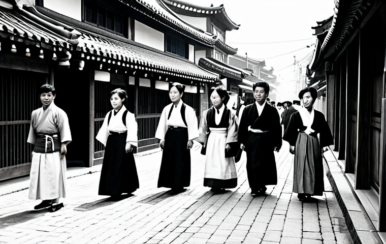 Colonial Era Contrast**
"A black and white photograph, mimicking the style of the early 20th century. A crowded street scene in Korea under Japanese rule. People are fully clothed in traditional Korean attire mixed with some Western clothing. Subtle tension in the air, hinting at suppressed freedoms. Safe for work, appropriate content, professional historical recreation, fully clothed, modest attire, perfect anatomy, natural pose, high quality, family-friendly."
**