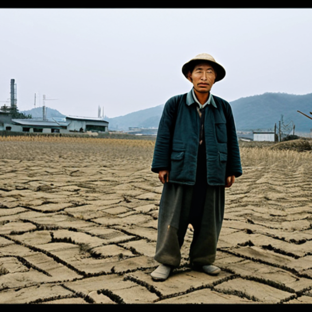 Struggling Korean Farmer**
A Korean farmer in traditional, worn clothing stands in a barren field during the Japanese colonial era. His face shows hardship and worry. In the background, there are signs of Japanese influence like a distant factory or a Japanese official overseeing the land. The sky is overcast and bleak. "Safe for work," "appropriate content," "fully clothed," "professional", "modest", "family-friendly," "perfect anatomy", "correct proportions", "natural pose".
**