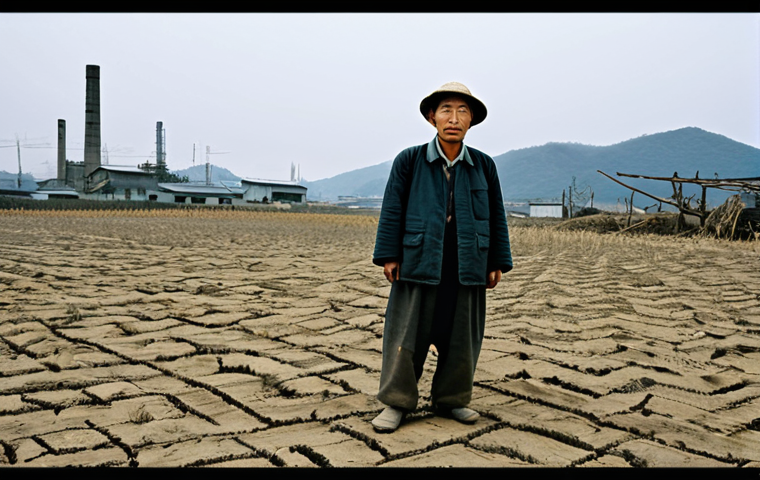 Struggling Korean Farmer**
A Korean farmer in traditional, worn clothing stands in a barren field during the Japanese colonial era. His face shows hardship and worry. In the background, there are signs of Japanese influence like a distant factory or a Japanese official overseeing the land. The sky is overcast and bleak. "Safe for work," "appropriate content," "fully clothed," "professional", "modest", "family-friendly," "perfect anatomy", "correct proportions", "natural pose".
**