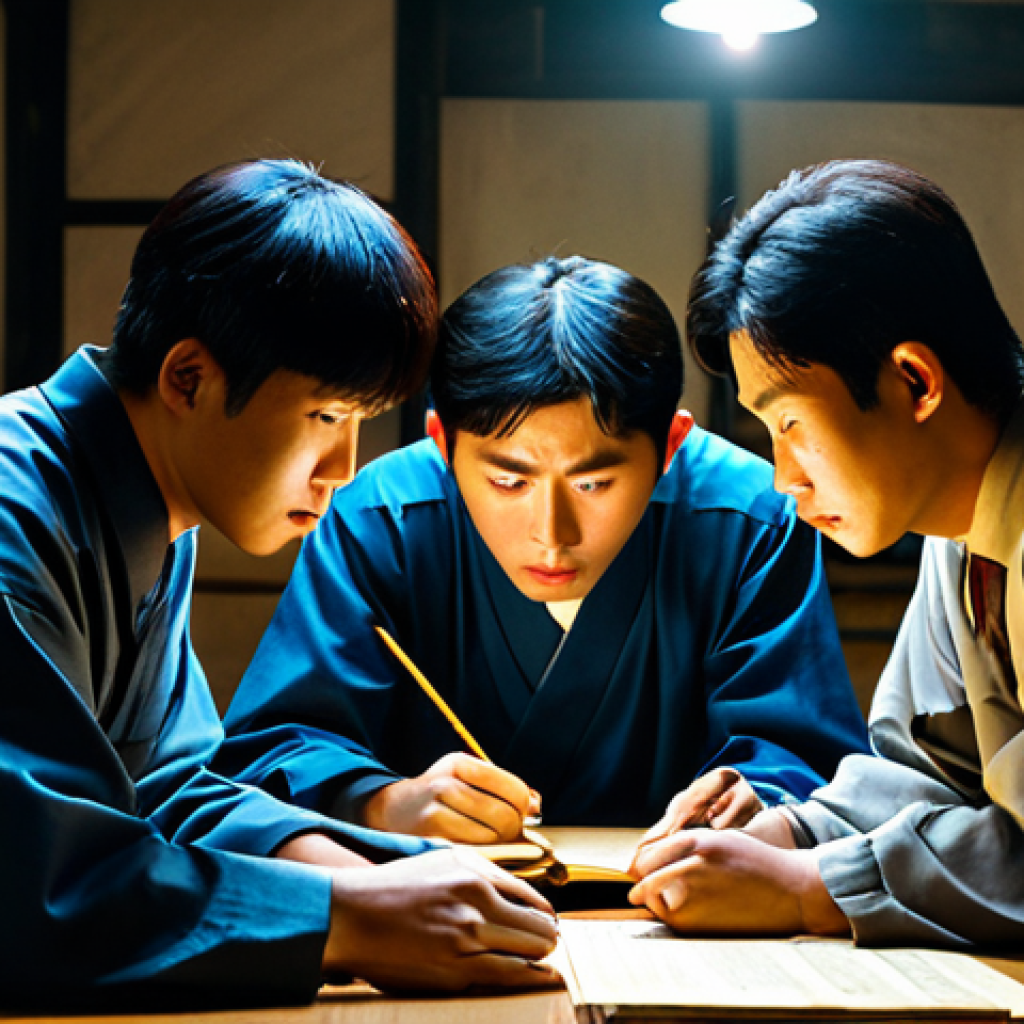 Secret Meeting**

"A group of fully clothed, modest Korean workers gathered in a dimly lit, hidden room, sharing information and strategizing, safe for work, appropriate content, professional, perfect anatomy, correct proportions, natural pose, historic setting, old documents on the table, candles providing light, serious expressions, high quality."

**