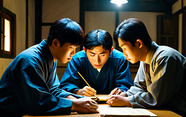 Secret Meeting**
"A group of fully clothed, modest Korean workers gathered in a dimly lit, hidden room, sharing information and strategizing, safe for work, appropriate content, professional, perfect anatomy, correct proportions, natural pose, historic setting, old documents on the table, candles providing light, serious expressions, high quality."
**