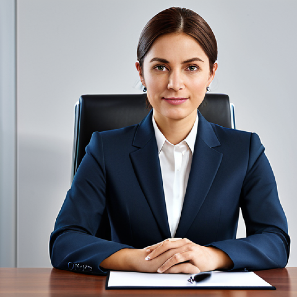 일제 근무의 사회적 영향 평가 - "A professional businesswoman in a modest business suit, sitting at a desk in a modern office, fully...