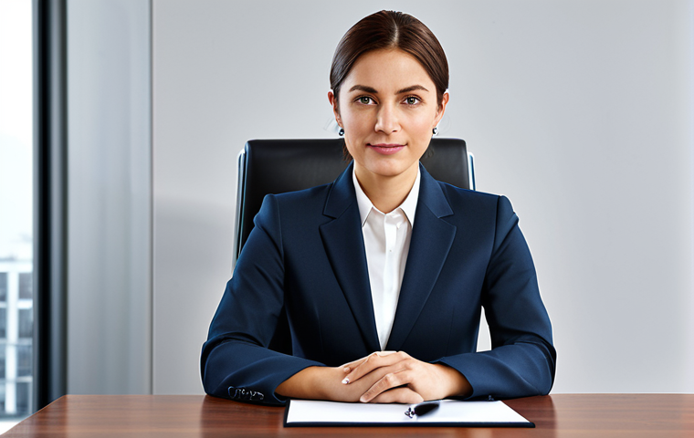 일제 근무의 사회적 영향 평가 - "A professional businesswoman in a modest business suit, sitting at a desk in a modern office, fully...