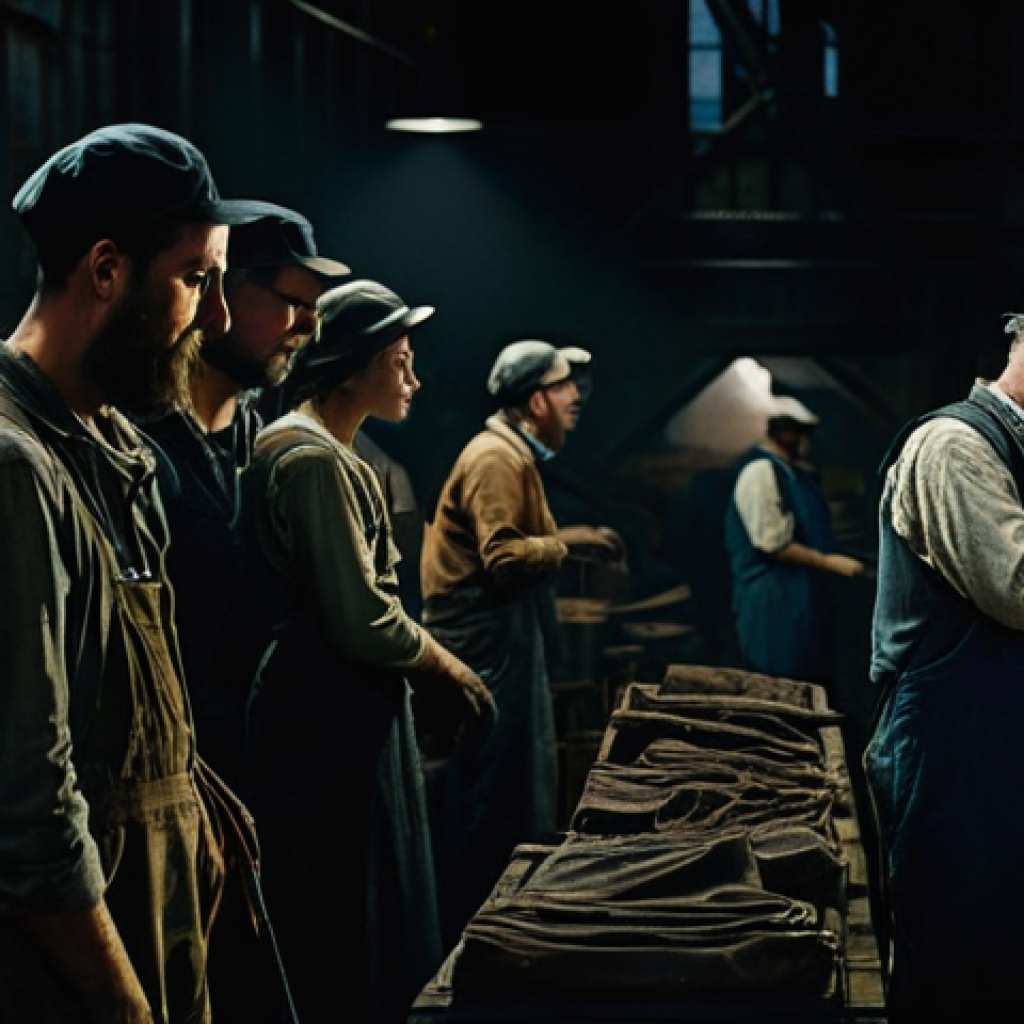 일제하 노동자의 건강 문제 - **Industrial Labor and Exhaustion:**
    "A realistic and detailed depiction of workers in a dimly l...