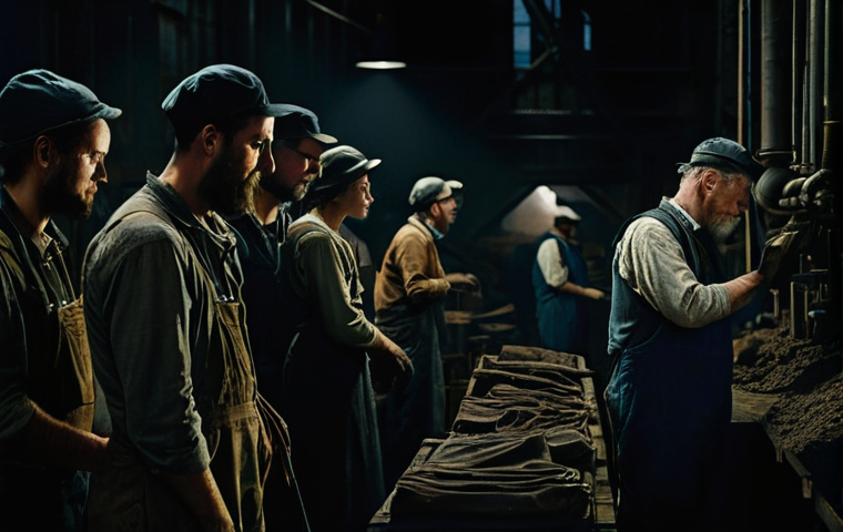 일제하 노동자의 건강 문제 - **Industrial Labor and Exhaustion:**
"A realistic and detailed depiction of workers in a dimly l...