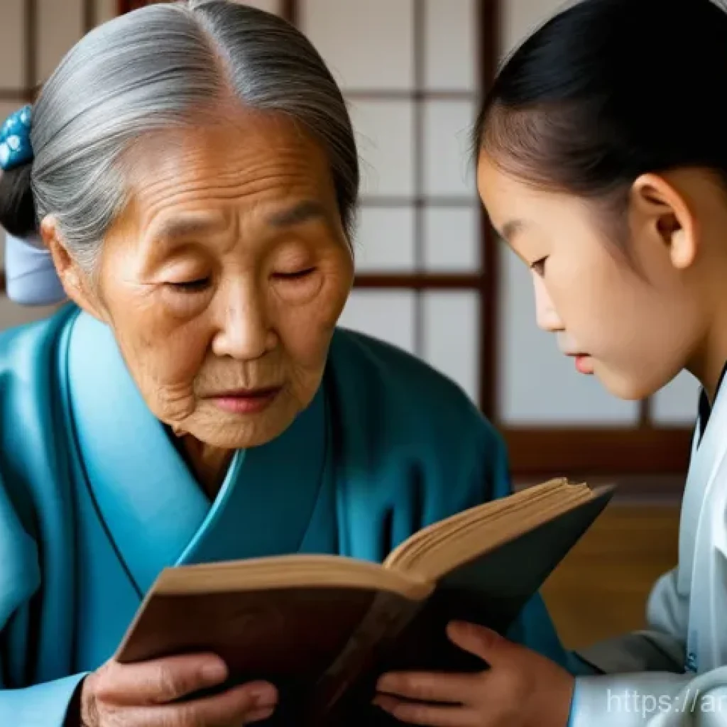 일제 강점기 한국인 근로자의 자아 정체성 - A deeply emotional close-up portrait of an elderly Korean grandmother, her wise eyes filled with bot...