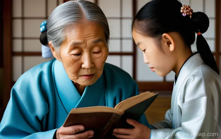 일제 강점기 한국인 근로자의 자아 정체성 - A deeply emotional close-up portrait of an elderly Korean grandmother, her wise eyes filled with bot...