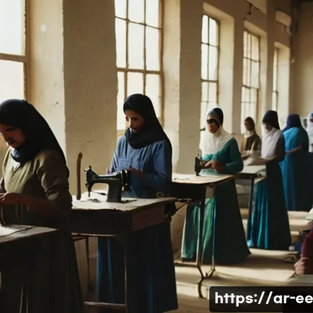일제 강점기 근무 환경의 변화 - **Prompt:** "A bustling 1940s industrial scene in Cairo. Women in simple, modest dresses and headsca...