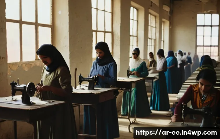 일제 강점기 근무 환경의 변화 - **Prompt:** "A bustling 1940s industrial scene in Cairo. Women in simple, modest dresses and headsca...