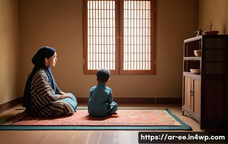 일제 강점기 근로자의 정신적 고통 - A Middle Eastern family scene in a modest traditional home during the Japanese occupation era, showi...