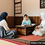일제 근무와 사회적 변화의 상관관계 - A detailed scene depicting a traditional Arab family during the Japanese occupation era, showing wom...