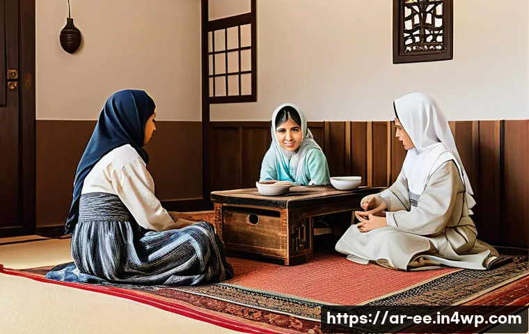 일제 근무와 사회적 변화의 상관관계 - A detailed scene depicting a traditional Arab family during the Japanese occupation era, showing wom...