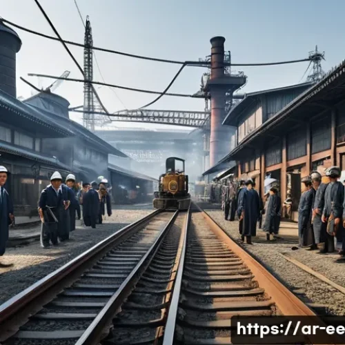 일제 근무와 한국의 산업화 과정 - A detailed industrial scene set in colonial Korea, showing a bustling steel factory with Korean work...