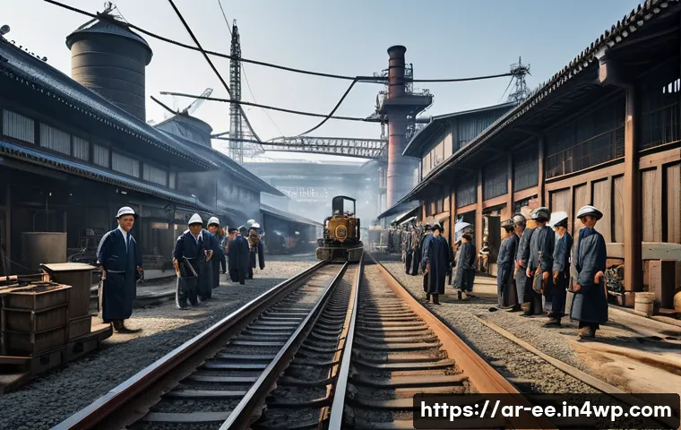 일제 근무와 한국의 산업화 과정 - A detailed industrial scene set in colonial Korea, showing a bustling steel factory with Korean work...
