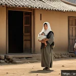 일제 하의 군사 노동과 그 의미 - A poignant scene of an Arab village during the Japanese occupation, showing a woman in modest tradit...