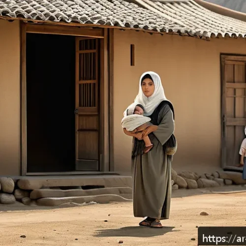 일제 하의 군사 노동과 그 의미 - A poignant scene of an Arab village during the Japanese occupation, showing a woman in modest tradit...