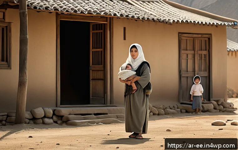 일제 하의 군사 노동과 그 의미 - A poignant scene of an Arab village during the Japanese occupation, showing a woman in modest tradit...