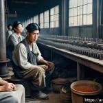일제하 노동자의 노동 시장 진입 - A detailed historical scene depicting Korean workers under Japanese colonial rule in an industrial f...