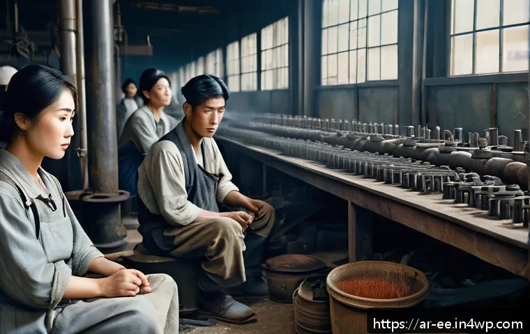일제하 노동자의 노동 시장 진입 - A detailed historical scene depicting Korean workers under Japanese colonial rule in an industrial f...