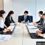 일제 근무와 사회적 갈등 - A modern Japanese office scene showing a diverse group of professional employees in business attire ...