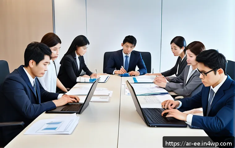 일제 근무와 사회적 갈등 - A modern Japanese office scene showing a diverse group of professional employees in business attire ...
